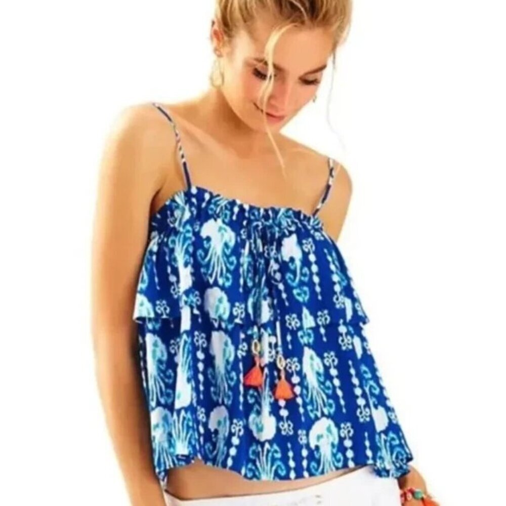 Lilly Pulitzer Ruffle Crop Tank Top Blue Jellyfish Ikat XS Boho Summer Beach